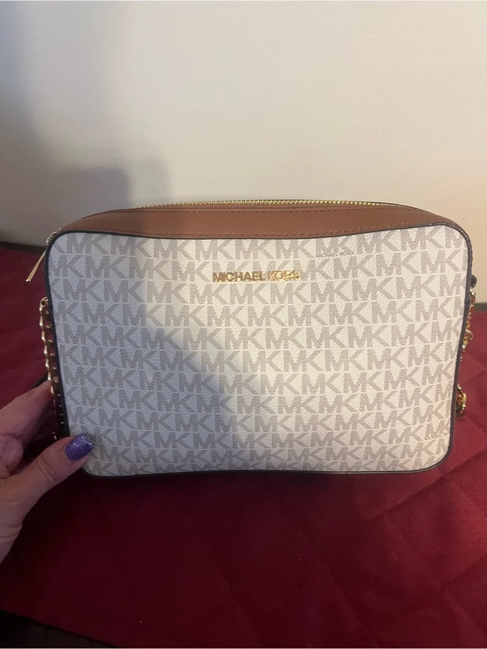 Michael Kors Vanilla and Luggage Signature Crossbody